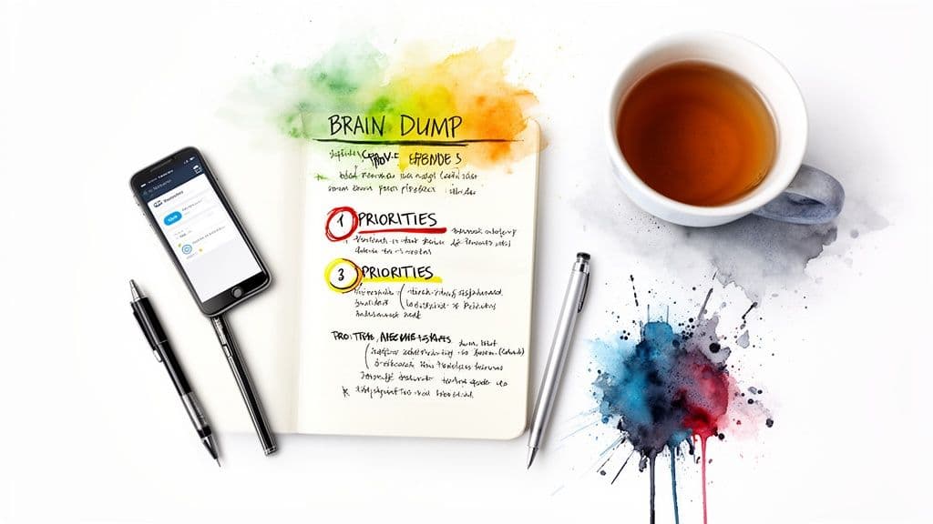 A flat lay of a 'Brain Dump' notebook with priorities, a smartphone, pens, and a cup of tea.