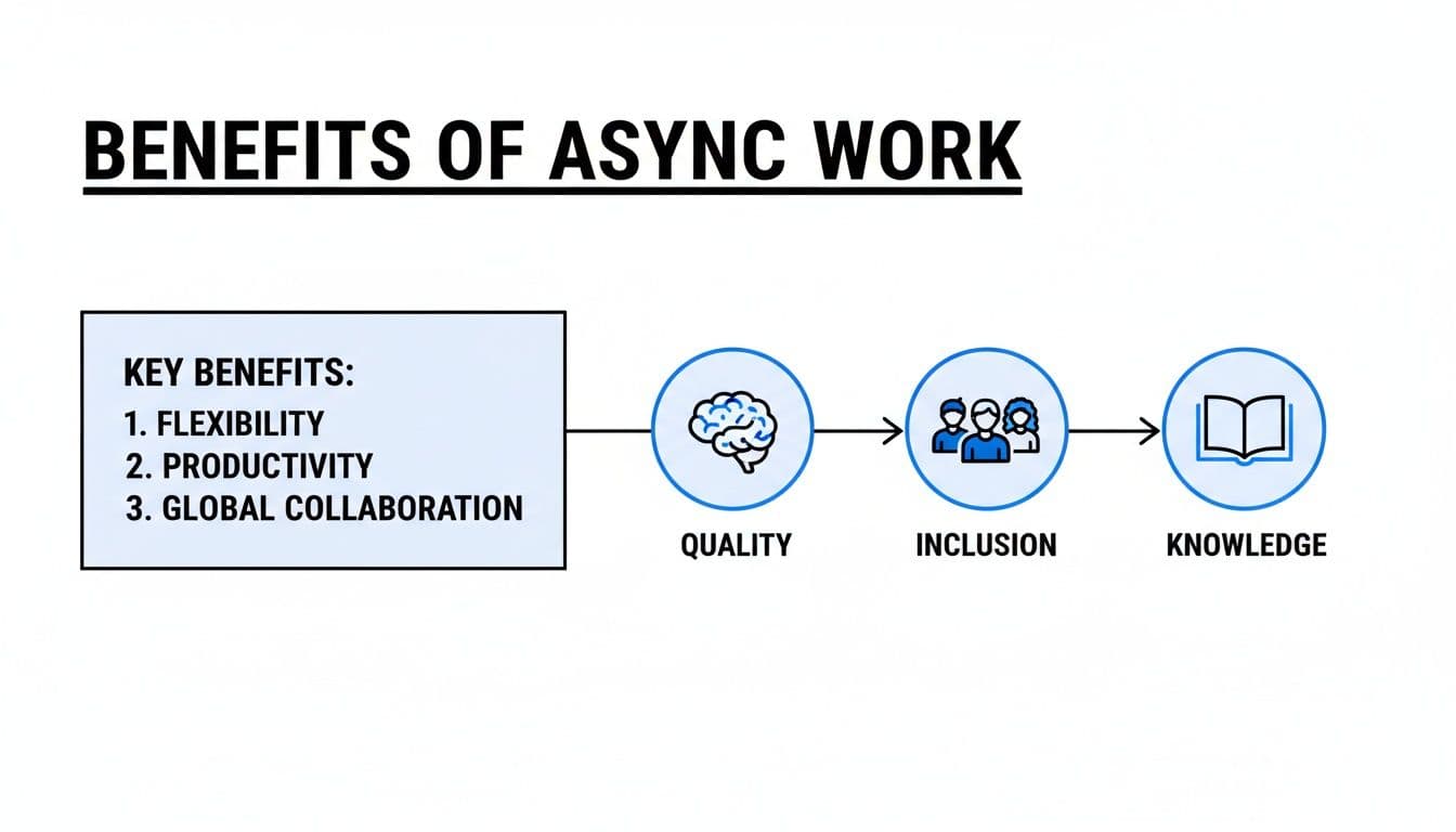 Infographic detailing the benefits of async work: flexibility, productivity, quality, inclusion, and knowledge.