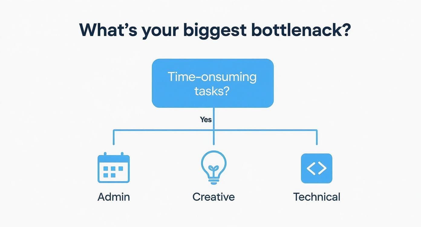 An infographic decision tree showing how to identify the right type of virtual assistant based on an entrepreneur's biggest bottleneck.