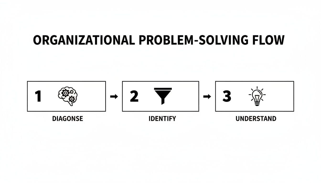 A flowchart outlining the organizational problem-solving flow with three steps: diagnose, identify, and understand.