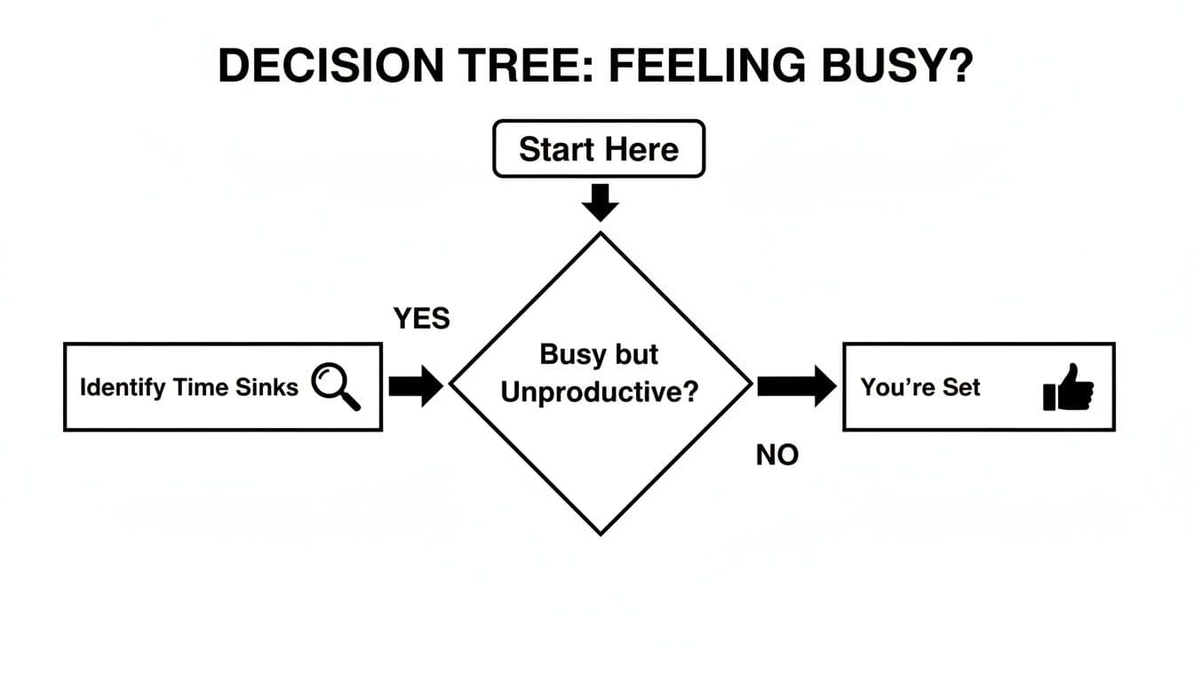 Decision tree flowchart: 'Feeling Busy?' Guides to identifying time sinks if unproductive, otherwise 'You're Set'.