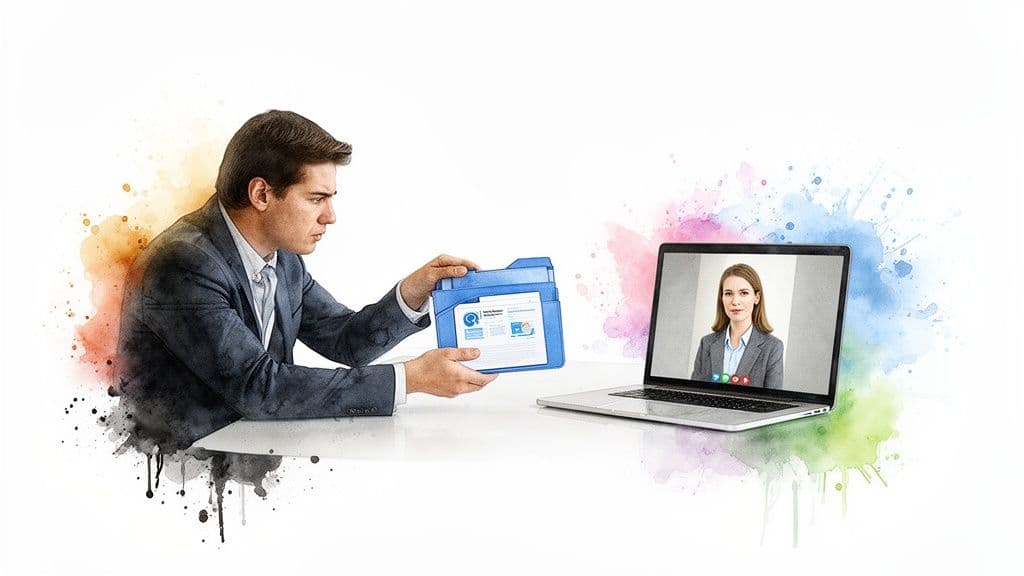 Man holds documents during a virtual meeting with a woman on a laptop.