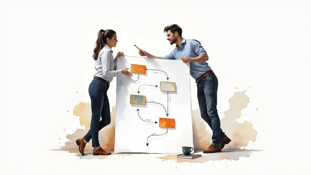 Two business professionals collaborating on workflow diagram with colorful process mapping boxes and arrows