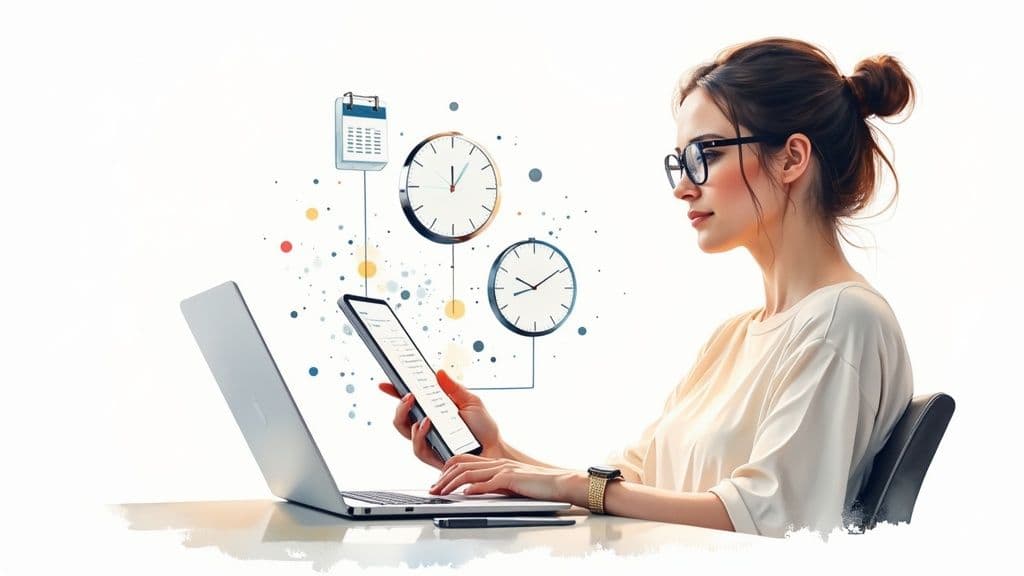 A woman uses a laptop and tablet, surrounded by clocks and a calendar, representing efficient time and task management.