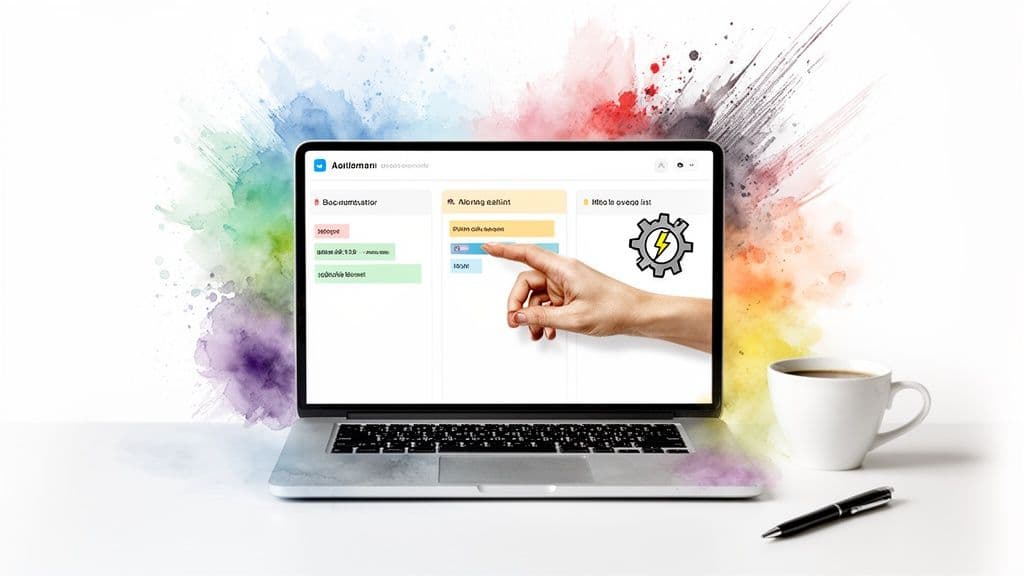 Laptop displays a digital task board with a hand pointing, next to coffee and pen, on a colorful desk.