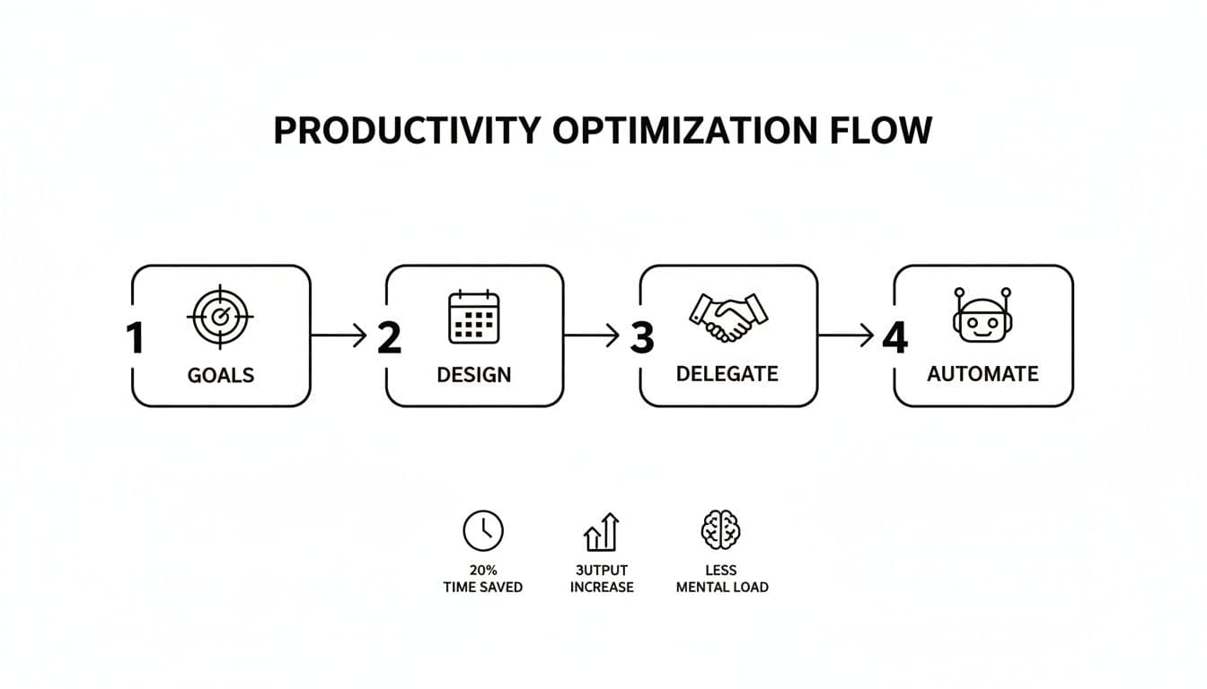 Diagram showing a four-step productivity optimization flow: Goals, Design, Delegate, Automate, with benefits.