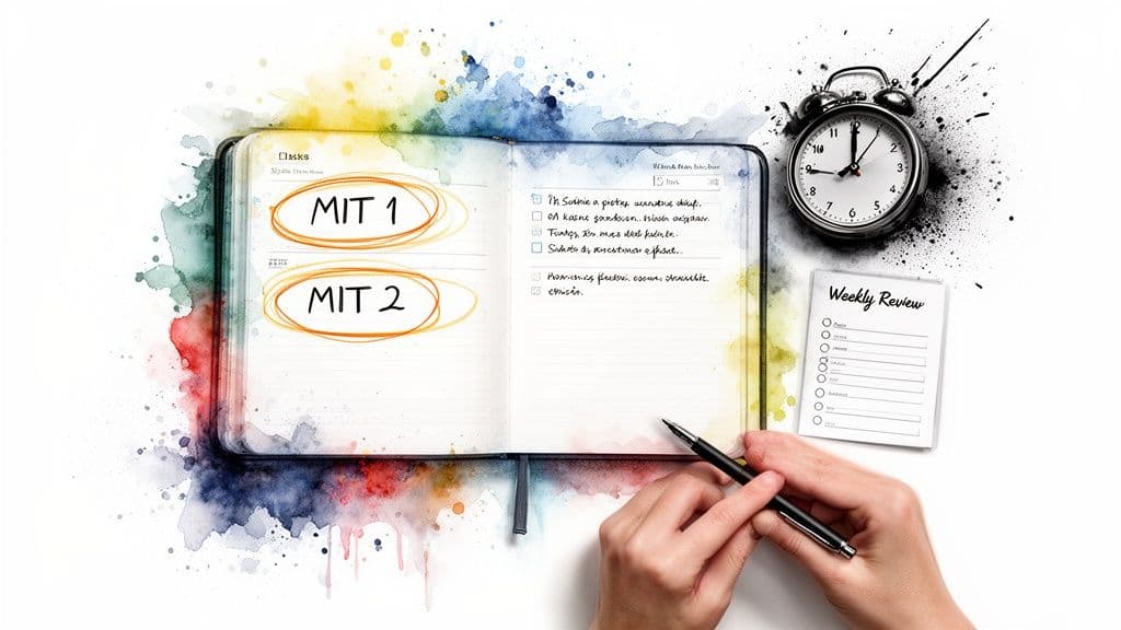 Hands planning tasks in a watercolor planner with 'MIT 1', 'MIT 2', a to-do list, and a weekly review.