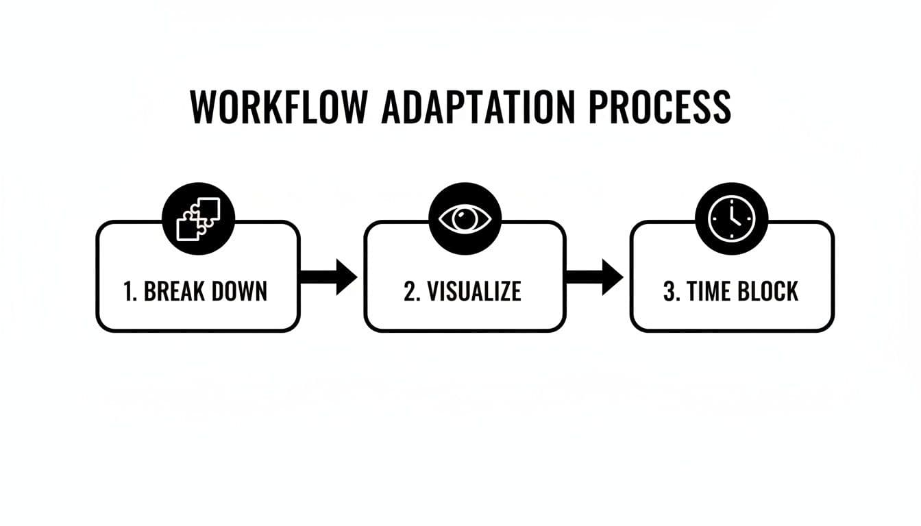 Diagram illustrating a three-step workflow adaptation process: break down, visualize, and time block.