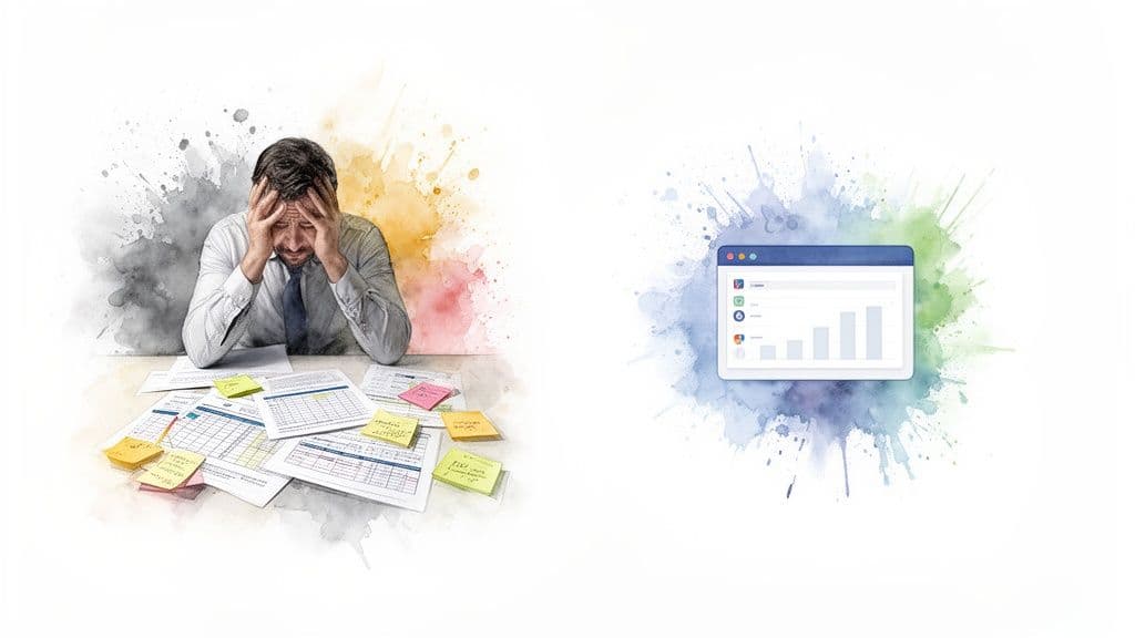 A stressed man overwhelmed by paperwork is contrasted with an efficient project management software dashboard.