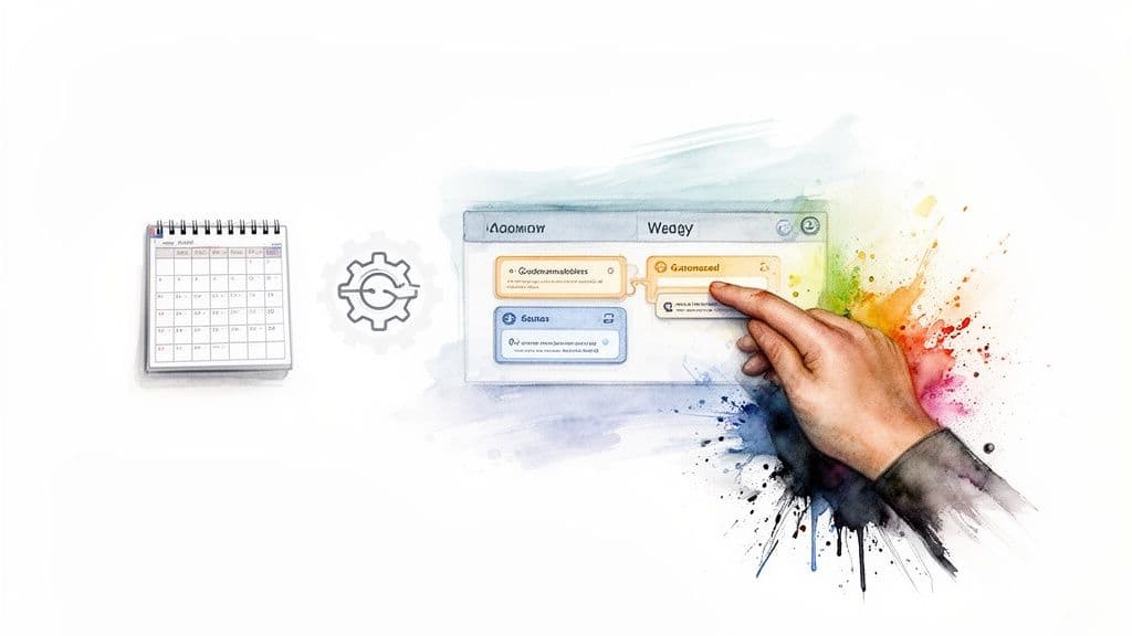 A hand interacts with a watercolor-style digital interface for a communication plan, next to a calendar.