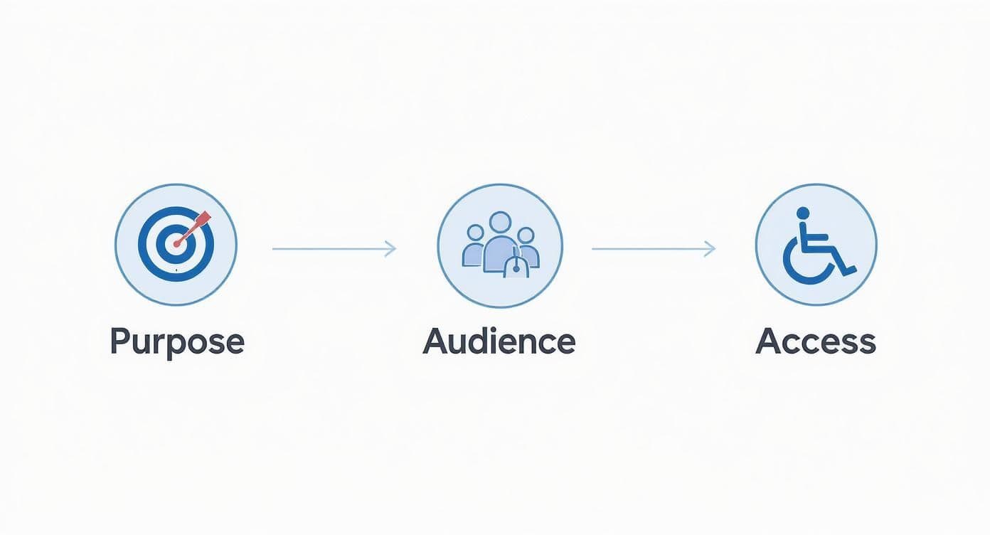 A diagram shows a flow from Purpose (target icon) to Audience (people icon) to Access (wheelchair icon).