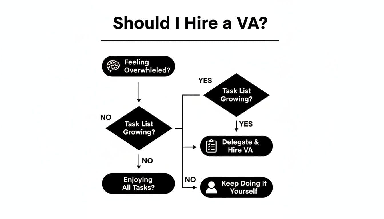 Flowchart asking ‘Should I Hire a VA?’ guiding the decision based on being overwhelmed and task growth.