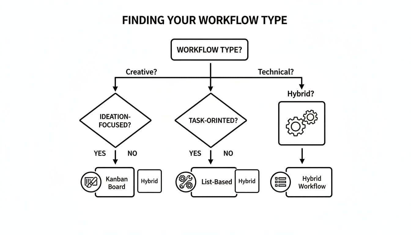 A flowchart decision tree for finding your workflow type, including Kanban, List-Based, and Hybrid options.