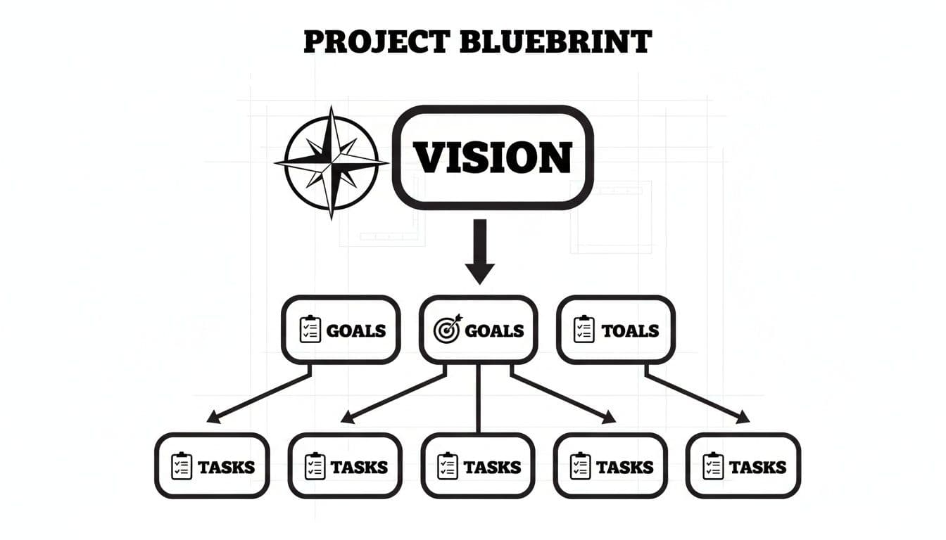 A project blueprint flowchart diagram, illustrating a vision leading to goals and then specific tasks.