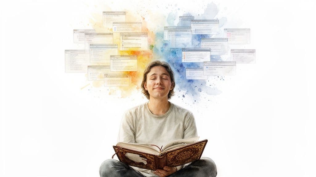 A serene person with closed eyes reads a book, surrounded by colorful digital information windows.