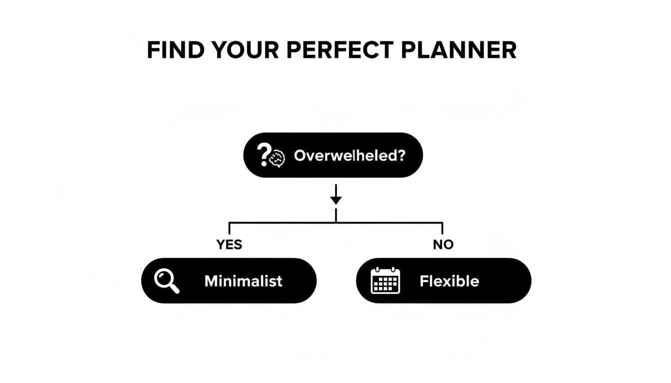 A flowchart guiding users to find their perfect planner: Overwhelmed? Yes suggests Minimalist, No suggests Flexible.