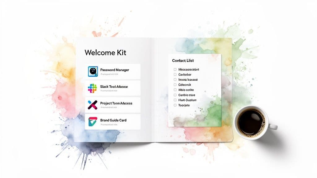 An open ‘Welcome Kit’ document on a vibrant watercolor background, listing apps and contacts, with a coffee cup.