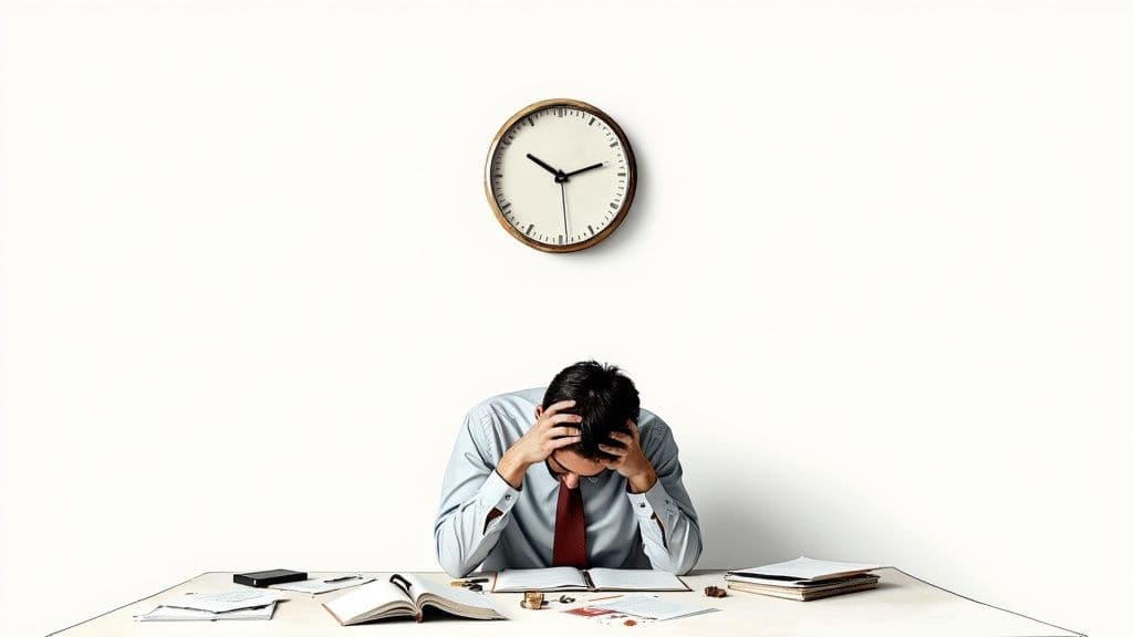 A stressed man with his head in his hands sits at a desk with books and a clock above.