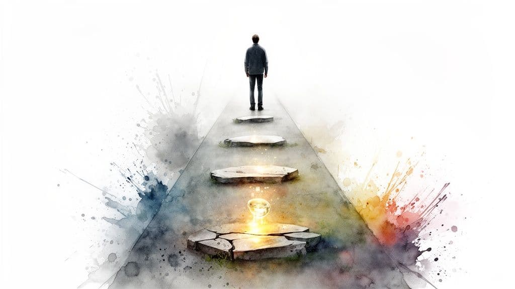 Watercolor image of a person walking up a path of stepping stones towards a glowing orb.
