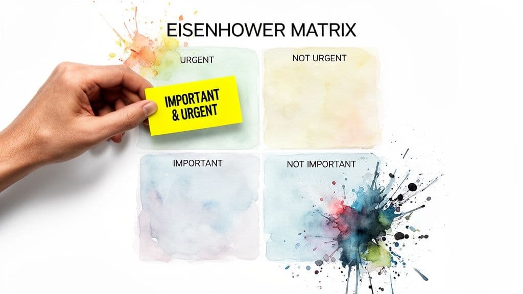 Hand placing 'Important & Urgent' note on Eisenhower Matrix for task prioritization.
