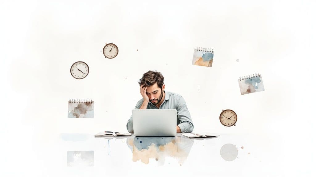 A stressed man works on a laptop, surrounded by floating clocks and calendars, symbolizing deadlines.