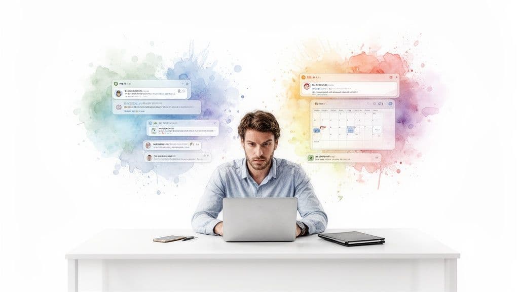 Man working intently on laptop, surrounded by numerous digital notifications and app windows.