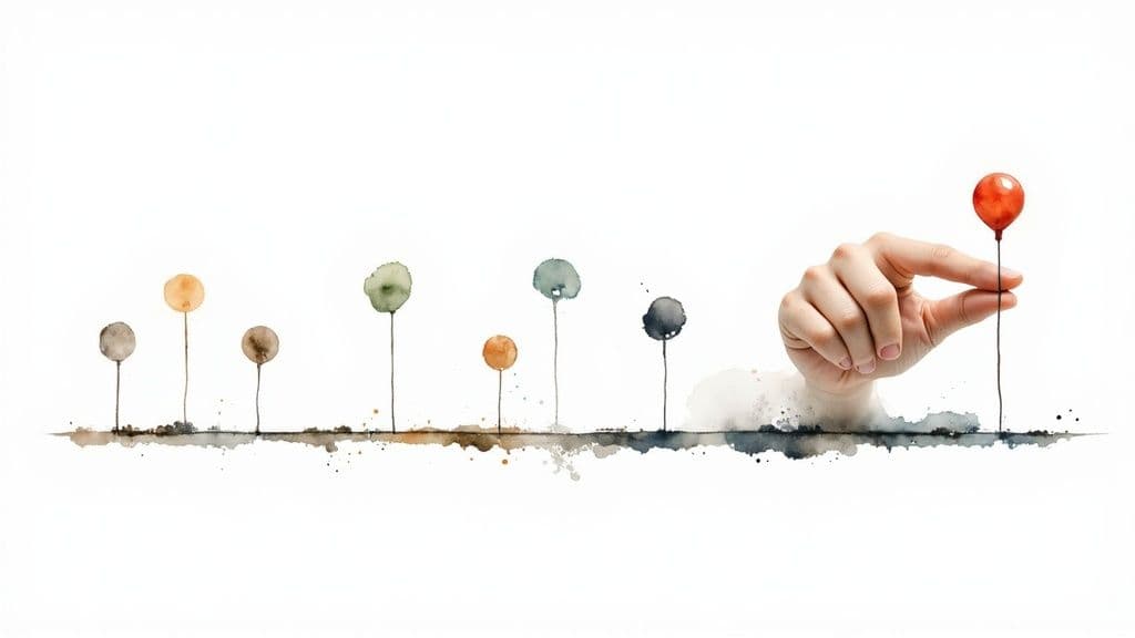 Hand placing red balloon among watercolor balloons representing project milestone selection and strategic planning