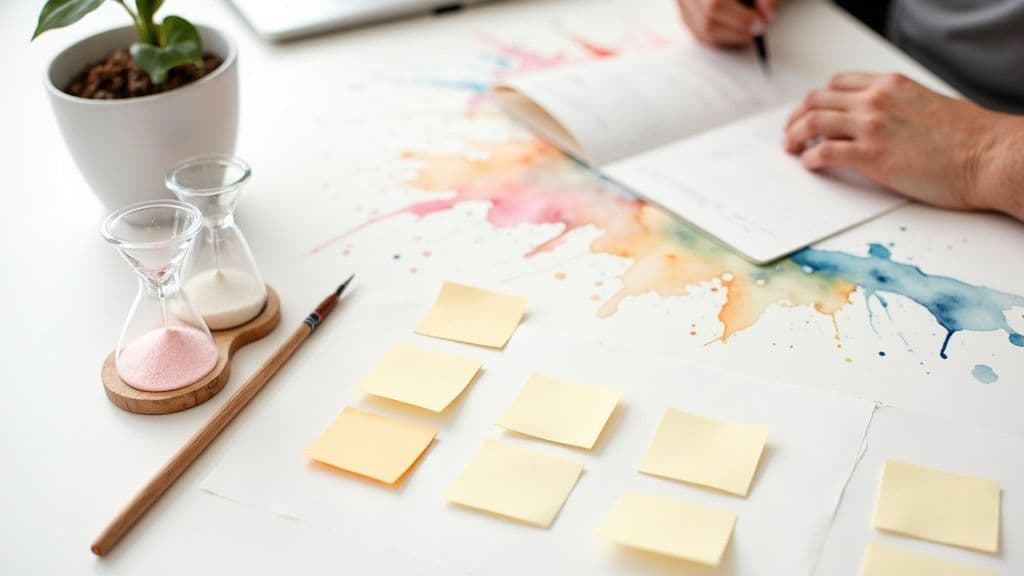 A creative workspace with a person writing in a notebook, colorful watercolor splashes, sticky notes, and hourglasses for time management.