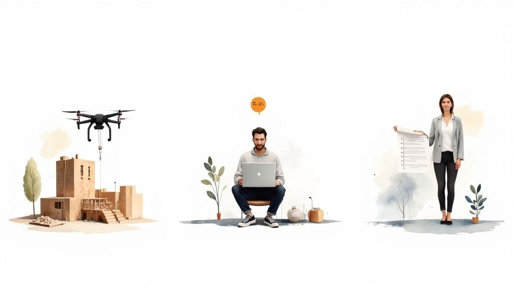 Three scenes depicting project management: a drone building, a man on a laptop, and a woman holding plans.