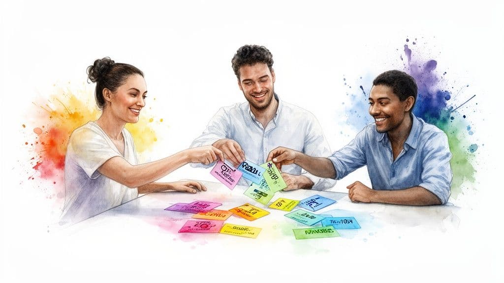 Three smiling diverse people collaborating with colorful cards, brainstorming ideas for a project.