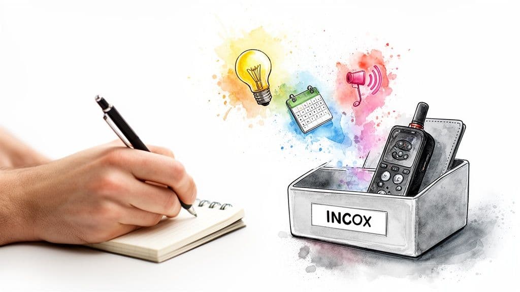 Hand writing on a notebook next to a box with a walkie-talkie and icons of ideas, calendar, and communication.