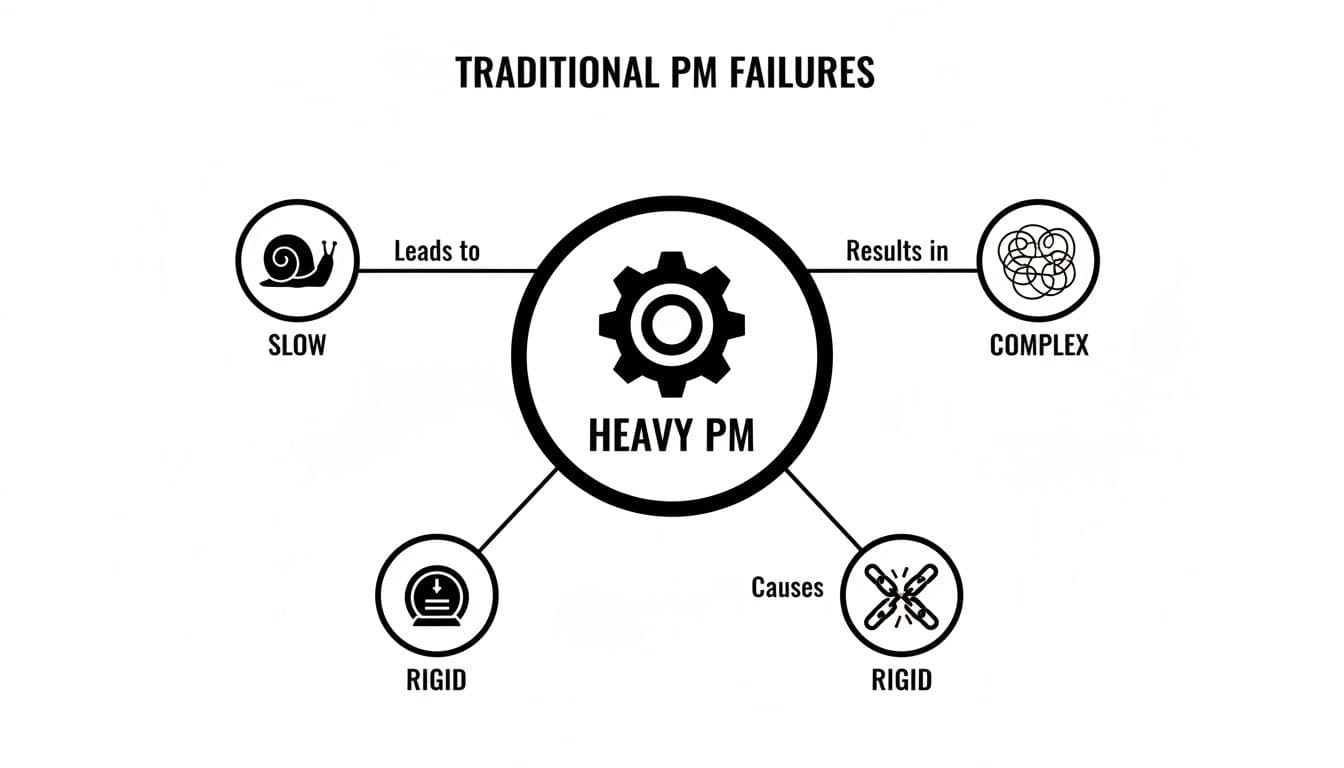 Diagram illustrating traditional project management failures where heavy PM leads to slow, complex, and rigid outcomes.