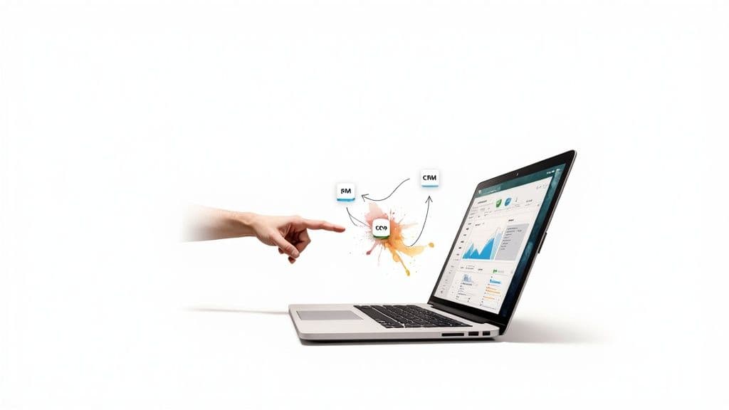 A hand interacts with a laptop displaying business analytics, connecting systems like CRM and BM.