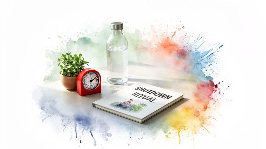A plant, red timer, water bottle, and 'Shutdown Ritual' book on a desk with colorful watercolor art.