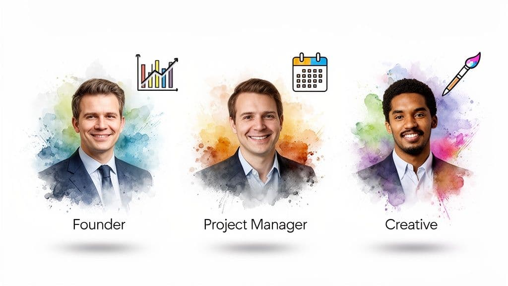 Three smiling men representing diverse professional roles: Founder, Project Manager, and Creative, with relevant icons.
