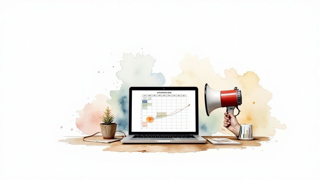 A laptop displaying a growth chart, a hand holding a megaphone, and a plant on a desk with watercolor splashes, symbolizing business strategy.