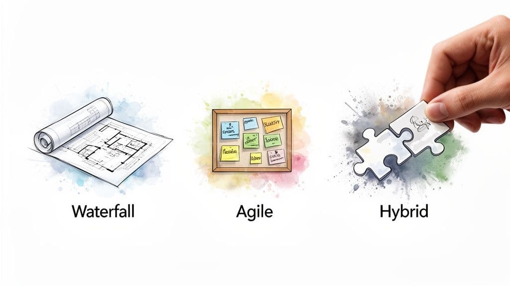 Image illustrating three project management methodologies: Waterfall, Agile, and Hybrid, with distinct visual metaphors.
