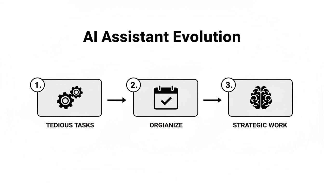 Flowchart illustrating the evolution of AI assistants: from tedious tasks to organizing and strategic work.