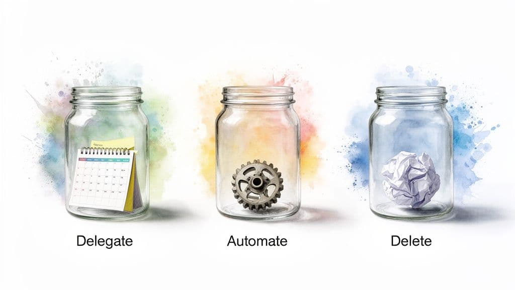 Three jars illustrating task management methods: Delegate (calendar), Automate (gear), and Delete (crumpled paper).