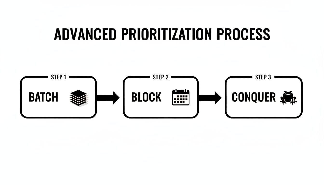 Diagram illustrating an advanced prioritization process with three steps: Batch, Block, and Conquer.