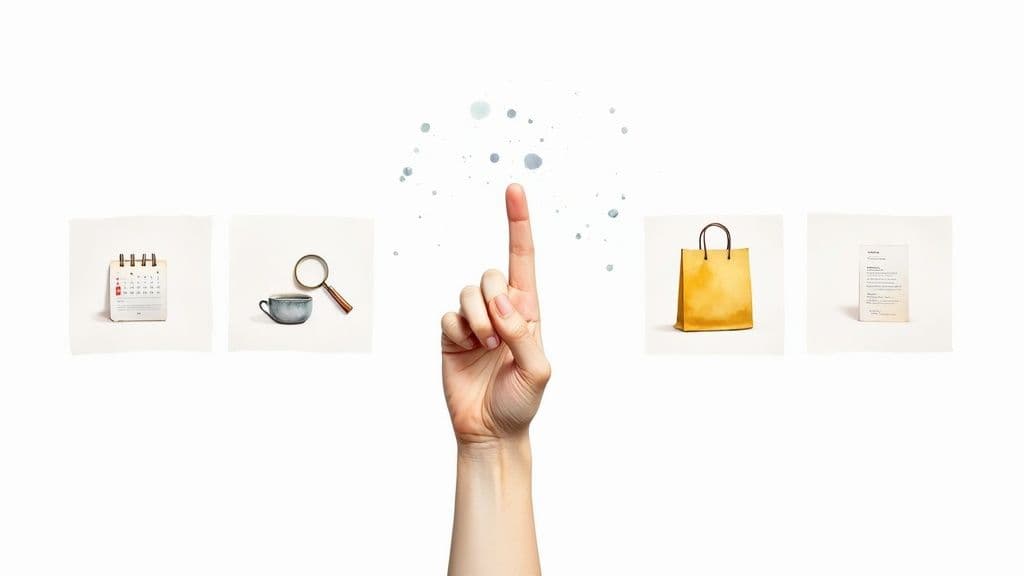 A hand pointing up surrounded by icons representing personal tasks: calendar, magnifying glass, shopping bag, and a note.