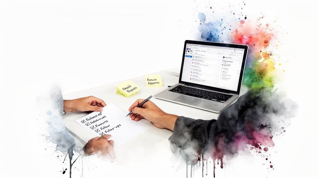 Hands checking a to-do list next to a laptop and sticky notes, surrounded by colorful watercolor art.