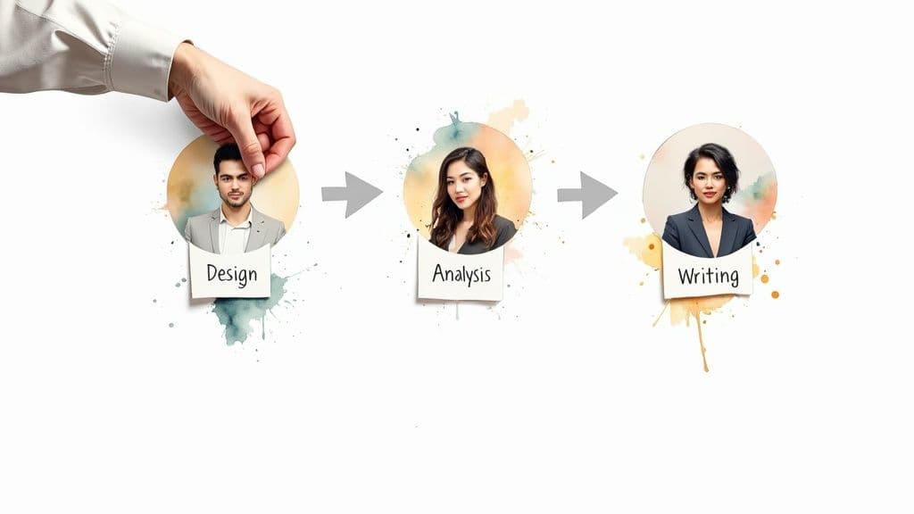 A hand places a 'Design' portrait, followed by 'Analysis' and 'Writing' portraits, illustrating a workflow.