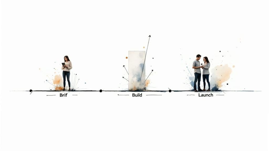 A minimalist visual timeline illustrating three project management stages: Brief, Build, and Launch, with people and abstract elements.