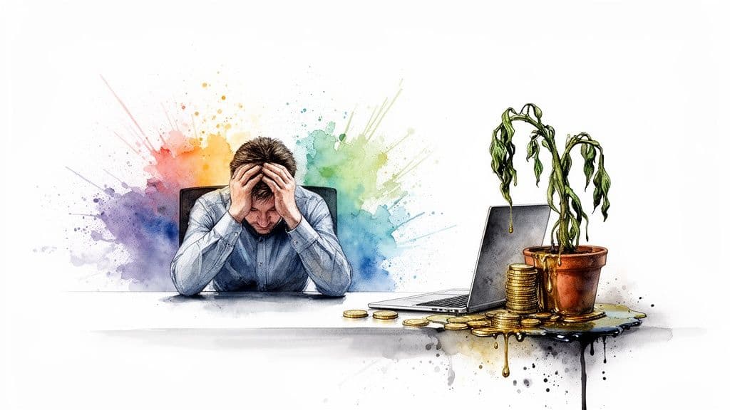 Watercolor illustration of a man suffering burnout, beside a wilting plant and melting gold coins.