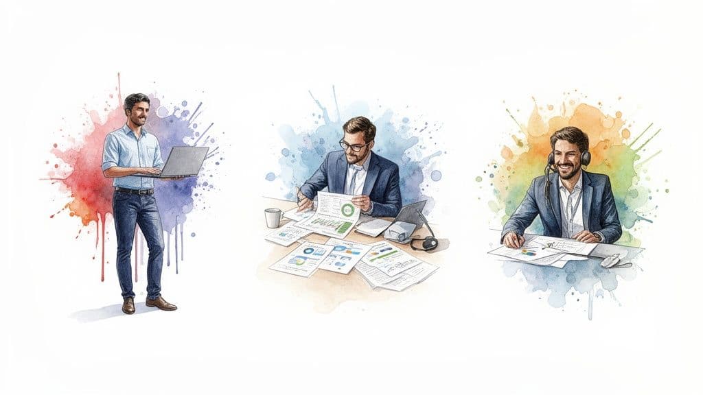 Three watercolor illustrations of men working: one with a laptop, one reviewing documents, and one with a headset.