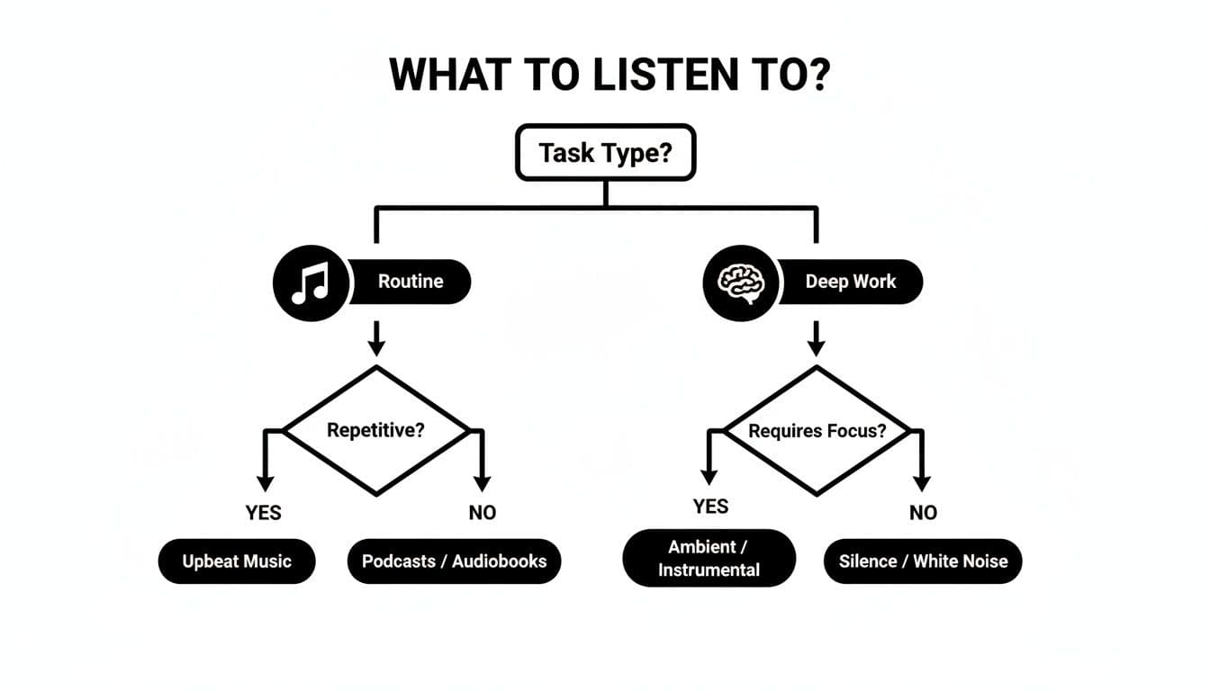 Flowchart guiding music choices for tasks: routine vs. deep work, for improved focus.