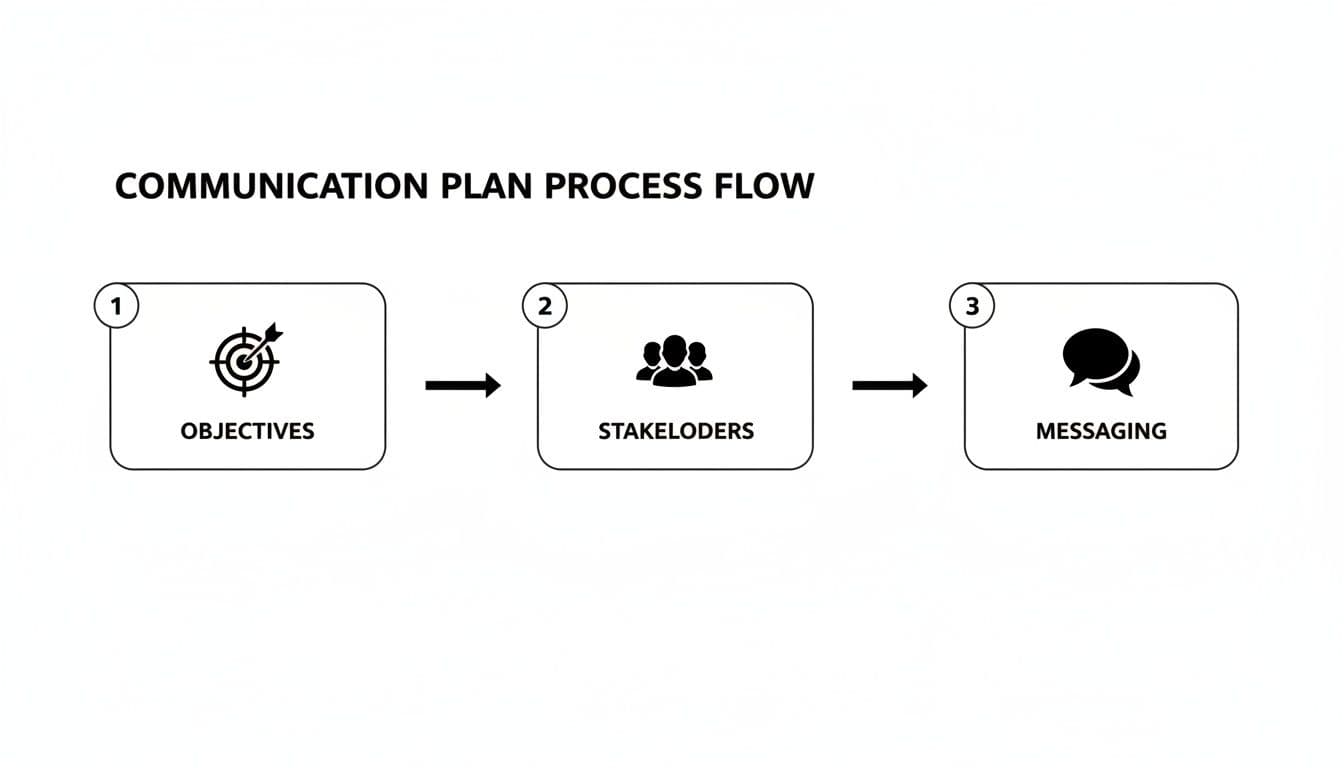 A communication plan process flow outlining three sequential steps: objectives, stakeholders, and messaging.