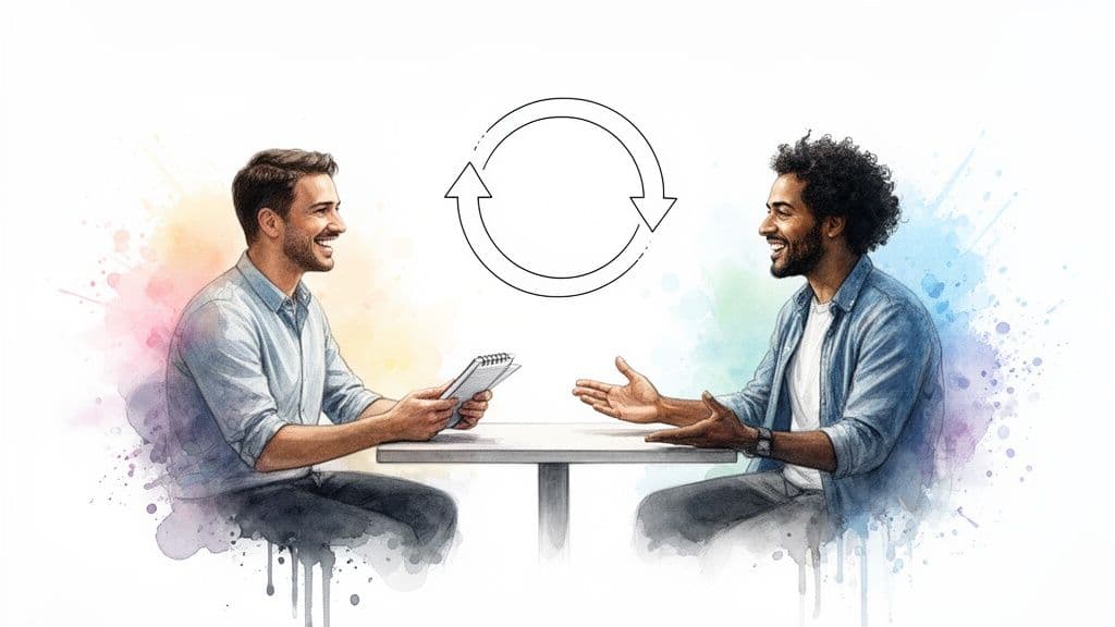 Two smiling colleagues discussing across a table.