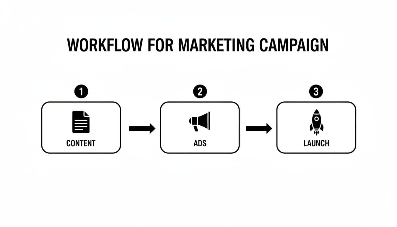 A workflow diagram illustrating three sequential steps for a marketing campaign: Content, Ads, and Launch.